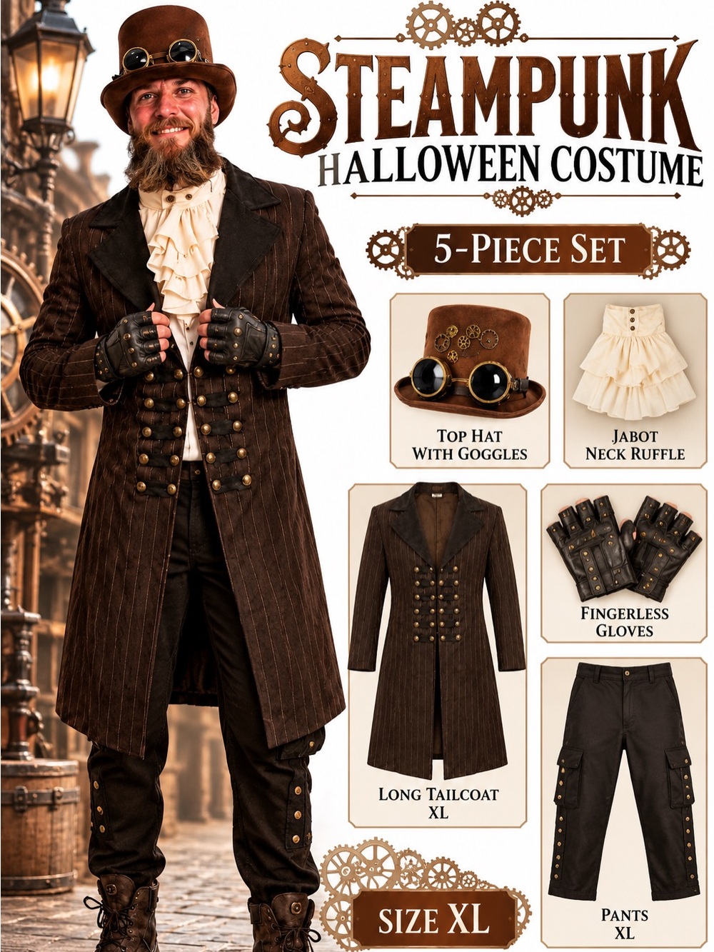 🎩 Men’s Premium Steampunk Halloween Costume XL 5-Piece Deluxe Victorian Set